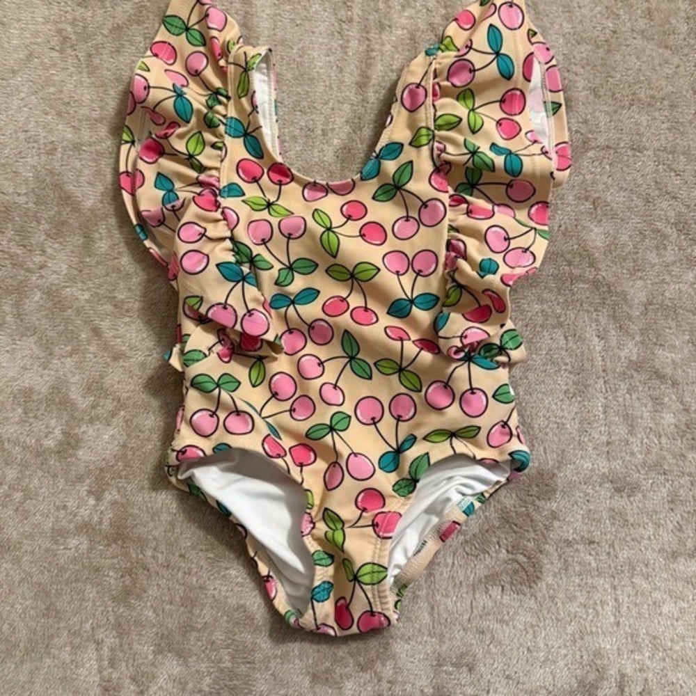 Posh Peanut Girls 2T Cherry Print One Piece Swimsuit Ruffle Flutter Sleeve Tan